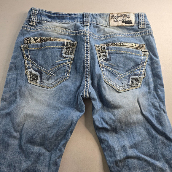 Rock and Roll Cowgirl Jeans Women's 29 x 32 ** Blue Low Rise Boot Cut Distressed - Picture 15 of 16